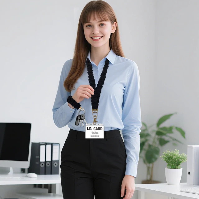 Alt view image 4 of 5 - PLwelth Stretchy Scrunchie Lanyard for ID Badges Keys Cute Neck Teacher Lanyard for Women Retractable Keychain Holder Black Key Lanyards Teacher Appreciation Gifts Nurse Office Gifts Accessories