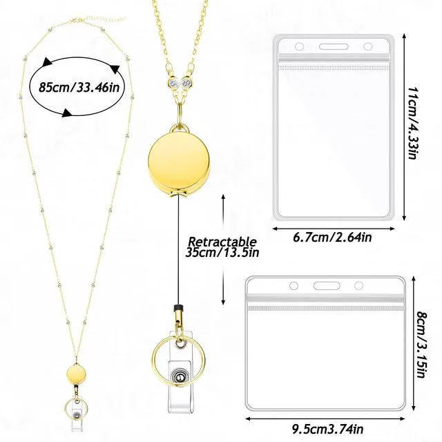Alt view image 2 of 6 - Fiwochic 1 Pcs Lanyards for ID Badges Necklace with 2 Pcs ID Holder,Fashion Chain Stainless Steel Lanyard Necklace Retractable Cute Gold Name Badge Holder for Women Teacher School (Rhinestone)