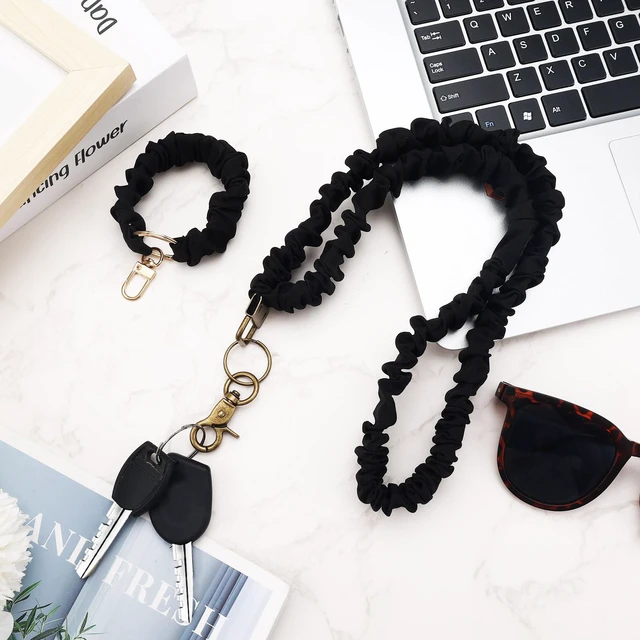 Alt view image 5 of 5 - PLwelth Stretchy Scrunchie Lanyard for ID Badges Keys Cute Neck Teacher Lanyard for Women Retractable Keychain Holder Black Key Lanyards Teacher Appreciation Gifts Nurse Office Gifts Accessories