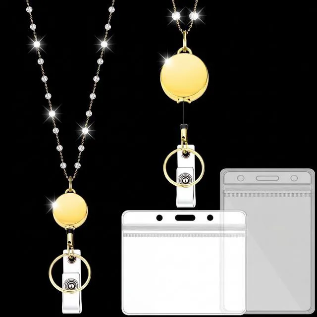 Main image of Fiwochic 1 Pcs Lanyards for ID Badges Necklace with 2 Pcs ID Holder,Fashion Chain Stainless Steel Lanyard Necklace Retractable Cute Gold Name Badge Holder for Women Teacher School (Rhinestone)