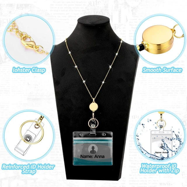 Alt view image 6 of 6 - Fiwochic 1 Pcs Lanyards for ID Badges Necklace with 2 Pcs ID Holder,Fashion Chain Stainless Steel Lanyard Necklace Retractable Cute Gold Name Badge Holder for Women Teacher School (Rhinestone)