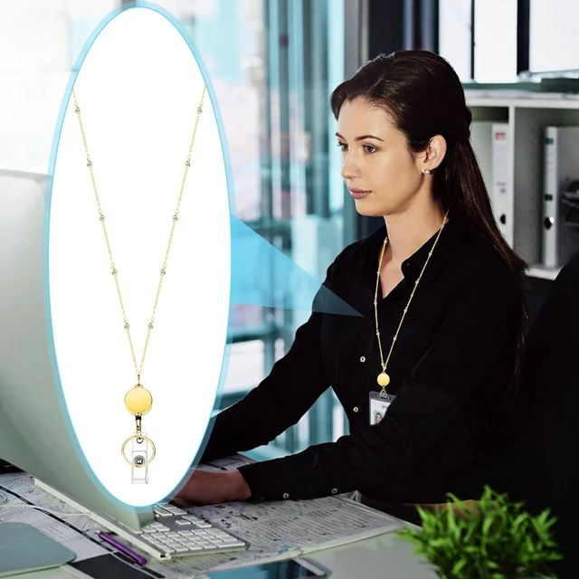 Alt view image 5 of 6 - Fiwochic 1 Pcs Lanyards for ID Badges Necklace with 2 Pcs ID Holder,Fashion Chain Stainless Steel Lanyard Necklace Retractable Cute Gold Name Badge Holder for Women Teacher School (Rhinestone)