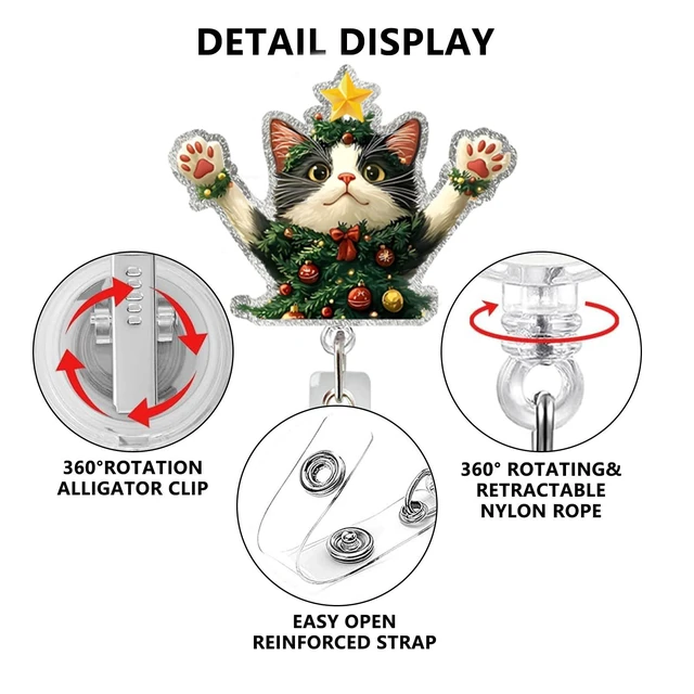 Alt view image 3 of 7 - Christmas Badge Reel Retractable Cute Little Cat Badge Holder Funny ID Card Badge Reels with Alligator Clip Christmas Kitten Badge Reels for Women Doctor Nursing Student Teacher CNA RN Worker Gifts