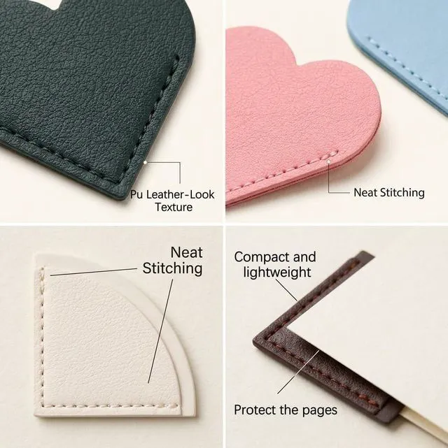 Alt view image 2 of 7 - Corner Bookmark Set, 8PCS Heart & Fan Leather Page Markers for Reading | Stitched Edges, Slim Corner Design, Assorted Colors for Women, Book Lovers, Journals, Planners & Stationery