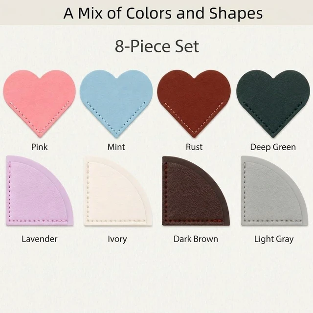 Alt view image 4 of 7 - Corner Bookmark Set, 8PCS Heart & Fan Leather Page Markers for Reading | Stitched Edges, Slim Corner Design, Assorted Colors for Women, Book Lovers, Journals, Planners & Stationery