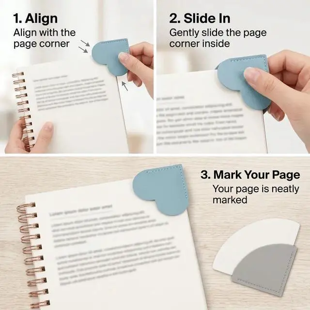 Alt view image 5 of 7 - Corner Bookmark Set, 8PCS Heart & Fan Leather Page Markers for Reading | Stitched Edges, Slim Corner Design, Assorted Colors for Women, Book Lovers, Journals, Planners & Stationery