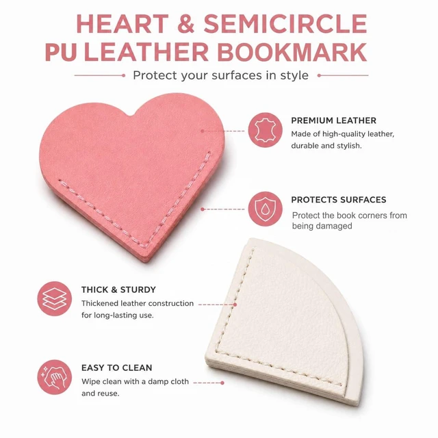 Alt view image 7 of 7 - Corner Bookmark Set, 8PCS Heart & Fan Leather Page Markers for Reading | Stitched Edges, Slim Corner Design, Assorted Colors for Women, Book Lovers, Journals, Planners & Stationery