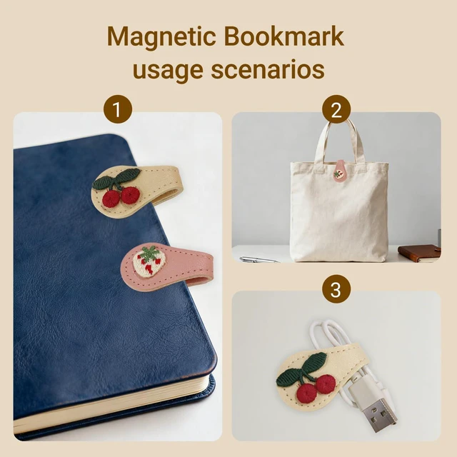 Alt view image 4 of 7 - Frayot 2Pcs Leather Magnetic Bookmarks, Embroidery Page Markers for Reading | Vintage Embroidery Design with Unique Exquisite Patterns, Leather Page Markers, For Book Lovers Accessories,Beige Pink