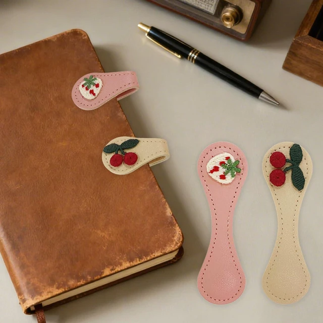 Alt view image 6 of 7 - Frayot 2Pcs Leather Magnetic Bookmarks, Embroidery Page Markers for Reading | Vintage Embroidery Design with Unique Exquisite Patterns, Leather Page Markers, For Book Lovers Accessories,Beige Pink