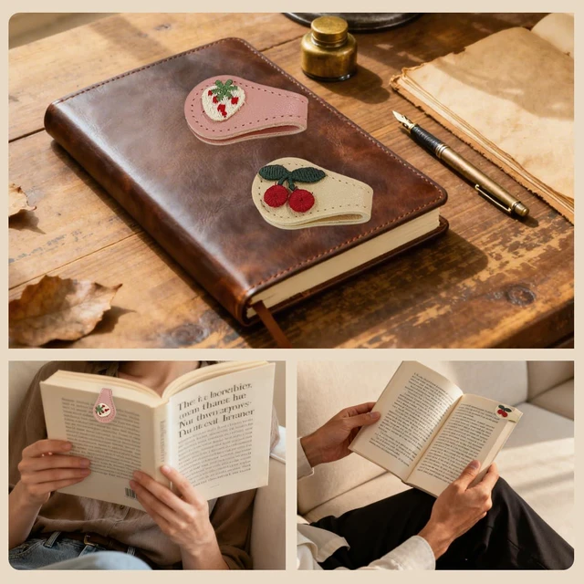 Alt view image 5 of 7 - Frayot 2Pcs Leather Magnetic Bookmarks, Embroidery Page Markers for Reading | Vintage Embroidery Design with Unique Exquisite Patterns, Leather Page Markers, For Book Lovers Accessories,Beige Pink