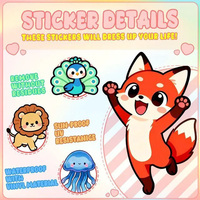 Alt view image 3 of 7 - 110Pcs Animal Stickers for Kids, Cute Waterproof Vinyl Animal Stickers | Animal Stickers for Water Bottle Laptop Luggage Helmet, Kawaii Animal Party Favors
