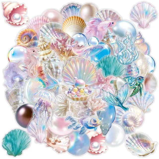 Main image of 50pcs Sea Shell Stickers Aesthetic PET Conch Stickers Clamshell Pearls Decal Waterproof Decorative Decals for Scrapbook DIY Crafts Album Bullet Journal Planner Water Bottles Laptop Phone(Colours-B8)