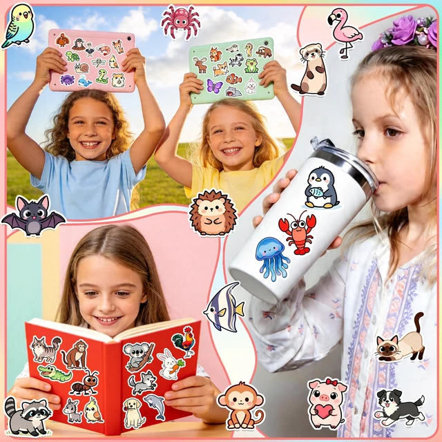 Alt view image 7 of 7 - 110Pcs Animal Stickers for Kids, Cute Waterproof Vinyl Animal Stickers | Animal Stickers for Water Bottle Laptop Luggage Helmet, Kawaii Animal Party Favors
