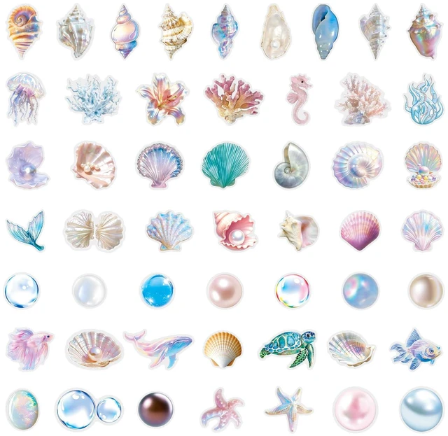 Alt view image 5 of 6 - 50pcs Sea Shell Stickers Aesthetic PET Conch Stickers Clamshell Pearls Decal Waterproof Decorative Decals for Scrapbook DIY Crafts Album Bullet Journal Planner Water Bottles Laptop Phone(Colours-B8)
