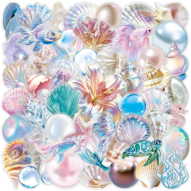 Alt view image 6 of 6 - 50pcs Sea Shell Stickers Aesthetic PET Conch Stickers Clamshell Pearls Decal Waterproof Decorative Decals for Scrapbook DIY Crafts Album Bullet Journal Planner Water Bottles Laptop Phone(Colours-B8)