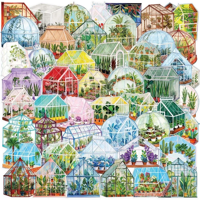 Main image of 50PCS Transparent Greenhouse Plants Stickers Nature Botanical Floral Aesthetic PET Sticker Waterproof Decorative Decal for Scrapbook DIY Crafts Journal Planner Water Bottles Laptop Phone (Green)