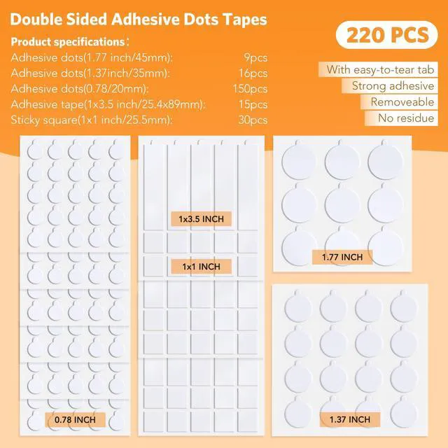 Alt view image 2 of 7 - Double Sided Tape for Walls, 220 Pcs Clear Sticky Tack Dots with Tear Tabs | Removable Mounting Putty Adhesive Strips No Damage Trace for Hanging Picture Poster Decorations Art Craft Party Supplies