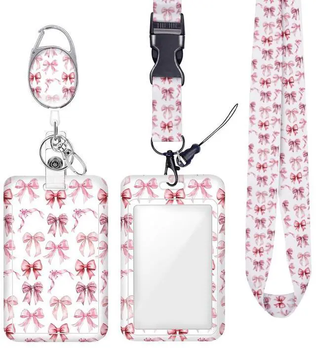 Main image of Watercolor Pink Bow ID Badge Holder Badge Reel Lanyards for ID Badges Work Vertical Protector Retractable Carabiner Clips Heavy Duty Key Lanyard for Women Nurse Doctor Teacher Student Office Gifts