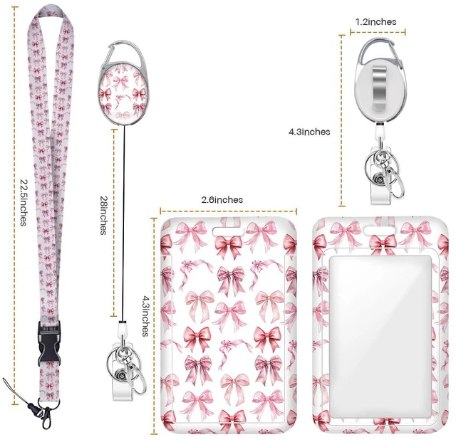 Alt view image 2 of 6 - Watercolor Pink Bow ID Badge Holder Badge Reel Lanyards for ID Badges Work Vertical Protector Retractable Carabiner Clips Heavy Duty Key Lanyard for Women Nurse Doctor Teacher Student Office Gifts