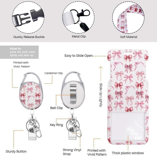 Alt view image 4 of 6 - Watercolor Pink Bow ID Badge Holder Badge Reel Lanyards for ID Badges Work Vertical Protector Retractable Carabiner Clips Heavy Duty Key Lanyard for Women Nurse Doctor Teacher Student Office Gifts