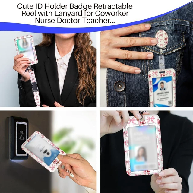 Alt view image 5 of 6 - Watercolor Pink Bow ID Badge Holder Badge Reel Lanyards for ID Badges Work Vertical Protector Retractable Carabiner Clips Heavy Duty Key Lanyard for Women Nurse Doctor Teacher Student Office Gifts