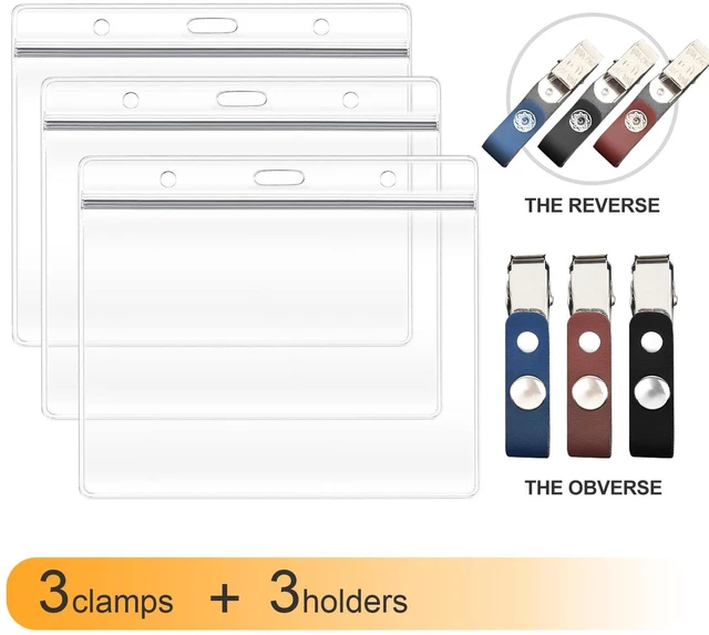 Alt view image 2 of 7 - 3 Pack ID Card Badge Holders with Detachable Leather Metal Badge Clips, Horizontal Waterproof Clear Extra Thick PVC Plastic Name Tags for Nurses Office School Students Teachers Work