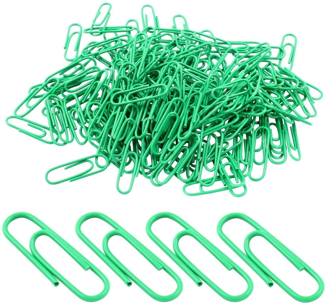 Main image of Green Paper Clips, 200 Pack, 1.1" (28mm) | Vinyl Coated Metal, Small Size, For School Home Office Organizing