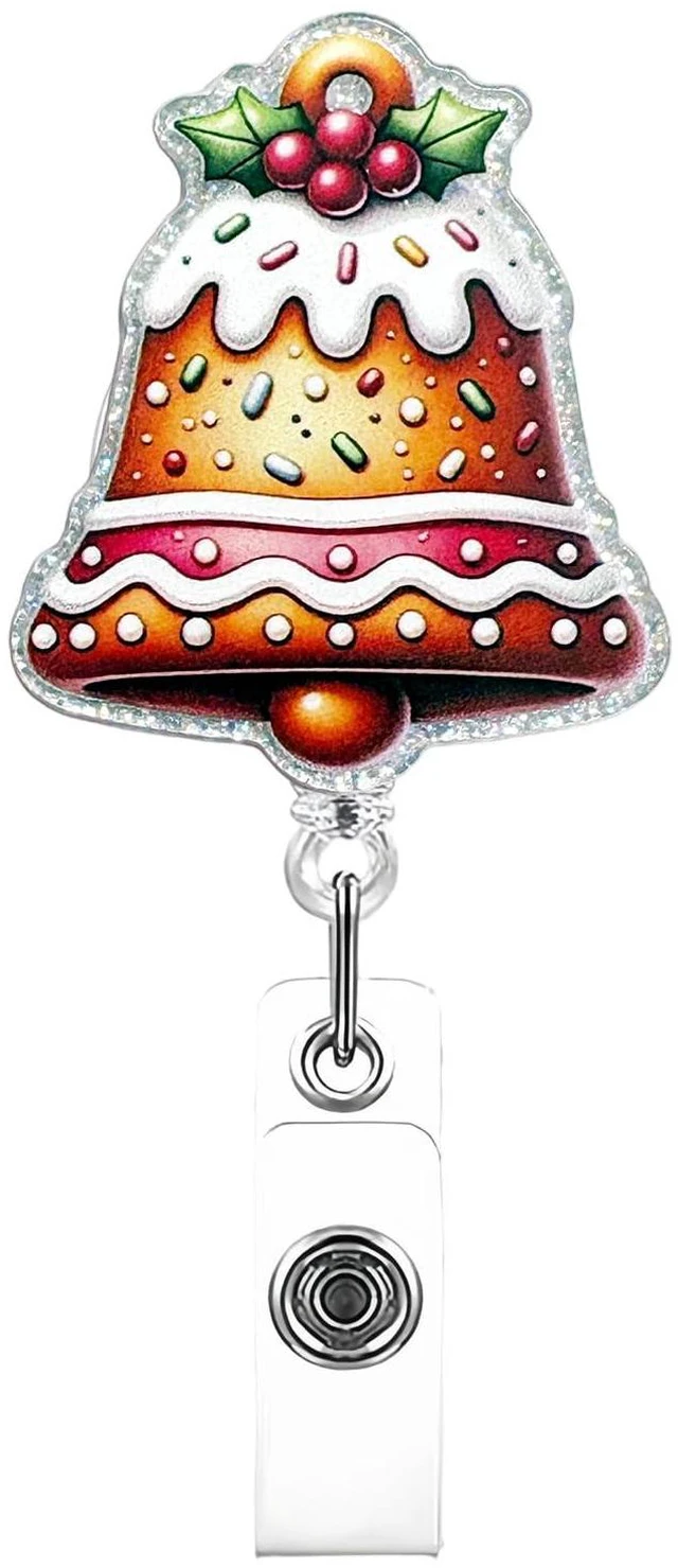 Main image of Christmas Bell Shape Badge Reels Retractable Festive Holiday Nursing ID Badge Holder with Cake Glitter Designs Acrylic 360° Rotating with Alligator Clip Nurse Essentials for Work