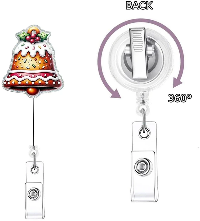 Alt view image 2 of 7 - Christmas Bell Shape Badge Reels Retractable Festive Holiday Nursing ID Badge Holder with Cake Glitter Designs Acrylic 360° Rotating with Alligator Clip Nurse Essentials for Work