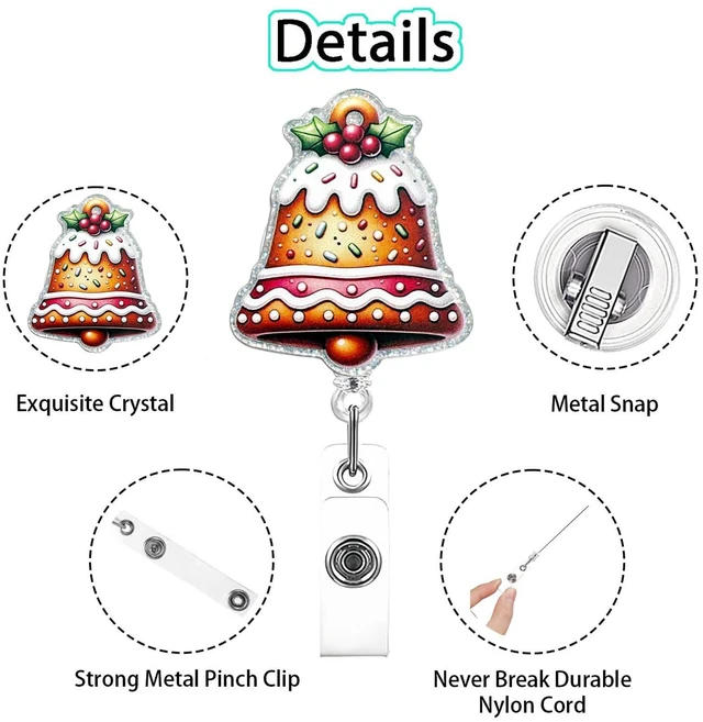 Alt view image 3 of 7 - Christmas Bell Shape Badge Reels Retractable Festive Holiday Nursing ID Badge Holder with Cake Glitter Designs Acrylic 360° Rotating with Alligator Clip Nurse Essentials for Work