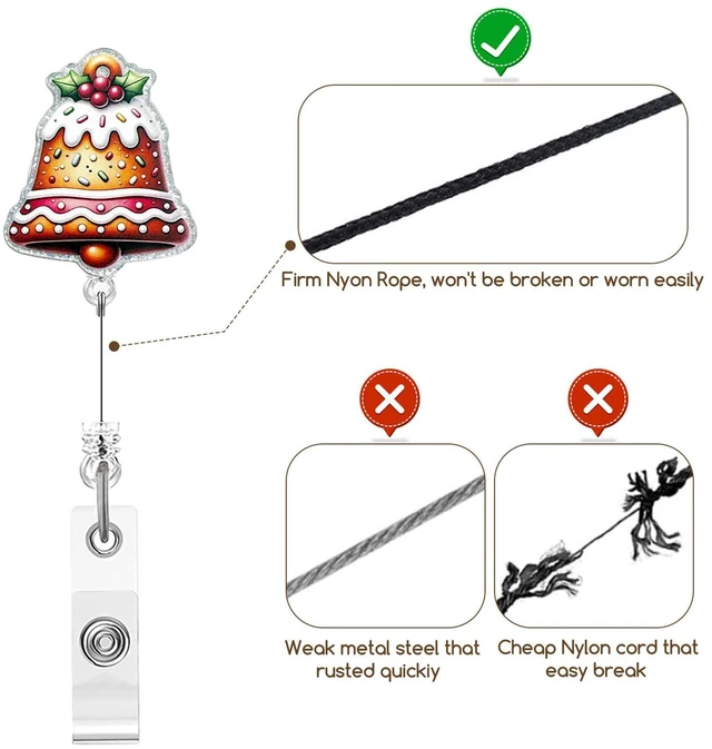 Alt view image 4 of 7 - Christmas Bell Shape Badge Reels Retractable Festive Holiday Nursing ID Badge Holder with Cake Glitter Designs Acrylic 360° Rotating with Alligator Clip Nurse Essentials for Work