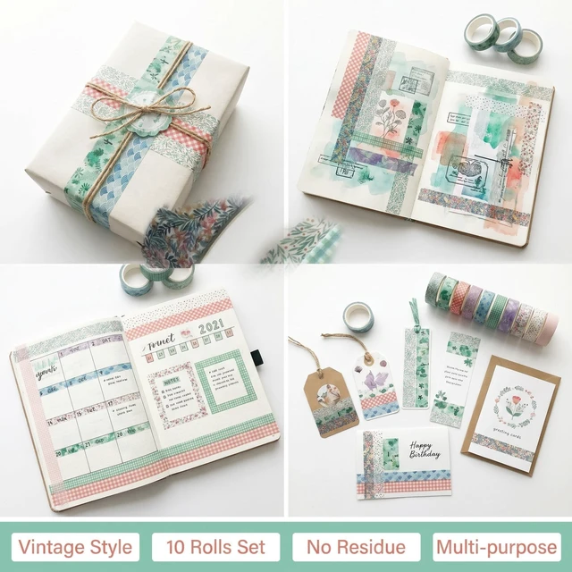 Alt view image 4 of 7 - 10 Pcs Vintage Washi Tape Set, 1.5 cm × 5 m Decorative Adhesive Tape Rolls, Multi Pattern Decorative Washi Tape for Scrapbooking, Journaling, Art Crafts, Planner, Gift Wrapping & DIY Decorations