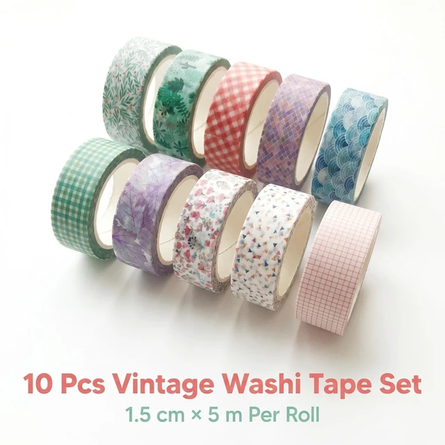 Alt view image 6 of 7 - 10 Pcs Vintage Washi Tape Set, 1.5 cm × 5 m Decorative Adhesive Tape Rolls, Multi Pattern Decorative Washi Tape for Scrapbooking, Journaling, Art Crafts, Planner, Gift Wrapping & DIY Decorations