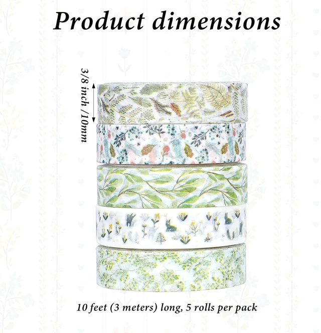 Alt view image 3 of 7 - 5 Rolls Washi Tape for Journaling, Skinny Decorative Tapes Green Prints | Skinny Slim Masking Tapes for Arts, DIY Crafts, Nature Journals, Planners, Scrapbooking, Wrapping