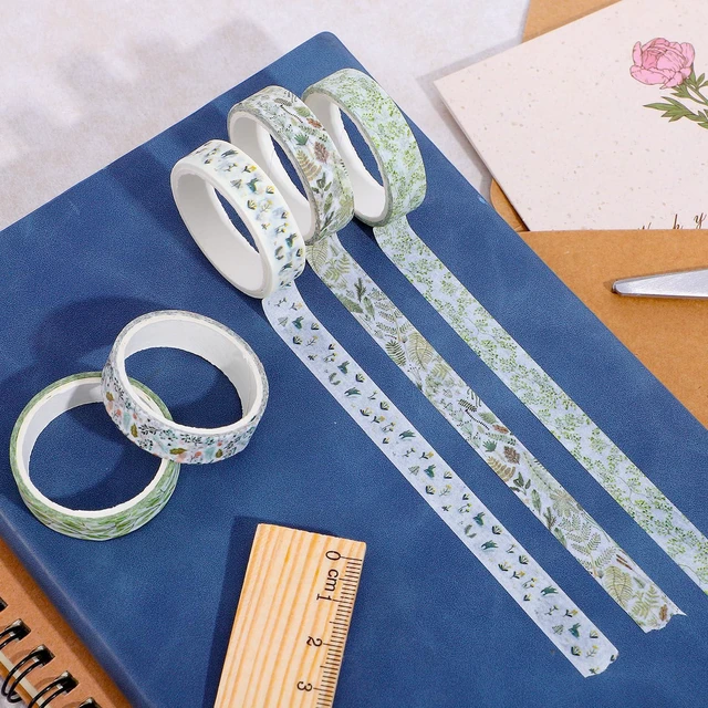 Alt view image 2 of 7 - 5 Rolls Washi Tape for Journaling, Skinny Decorative Tapes Green Prints | Skinny Slim Masking Tapes for Arts, DIY Crafts, Nature Journals, Planners, Scrapbooking, Wrapping
