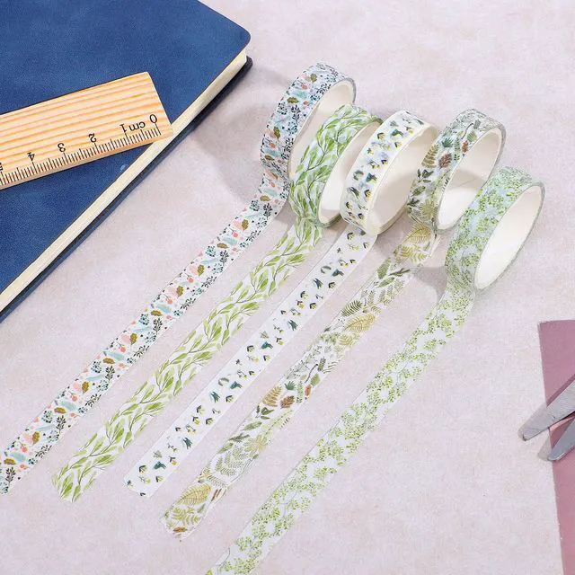 Alt view image 4 of 7 - 5 Rolls Washi Tape for Journaling, Skinny Decorative Tapes Green Prints | Skinny Slim Masking Tapes for Arts, DIY Crafts, Nature Journals, Planners, Scrapbooking, Wrapping