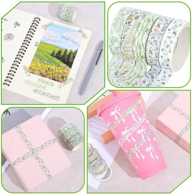 Alt view image 5 of 7 - 5 Rolls Washi Tape for Journaling, Skinny Decorative Tapes Green Prints | Skinny Slim Masking Tapes for Arts, DIY Crafts, Nature Journals, Planners, Scrapbooking, Wrapping