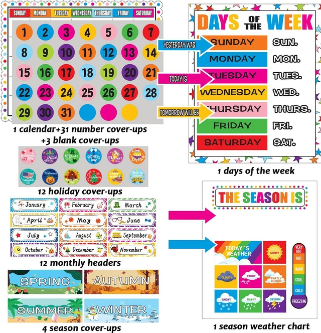 Alt view image 2 of 7 - Calendar Bulletin Board Set Calendar Seasons Weather Chart CTP Bulletin Board and Classroom Decoration with Seasons, Weather, and Days of the Week Chart, Back to School Decorations