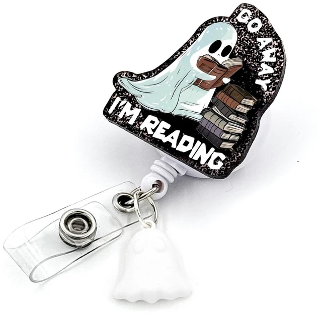 Main image of Halloween Ghost Badge Reel Retractable with ID Clip Go Away Im Reading Acrylic Badge Holder for Holiday Nurses Nursing Students Teachers Office