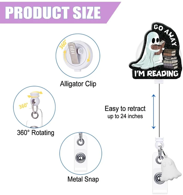 Alt view image 2 of 6 - Halloween Ghost Badge Reel Retractable with ID Clip Go Away Im Reading Acrylic Badge Holder for Holiday Nurses Nursing Students Teachers Office
