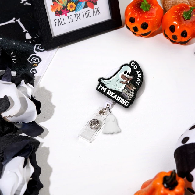 Alt view image 5 of 6 - Halloween Ghost Badge Reel Retractable with ID Clip Go Away Im Reading Acrylic Badge Holder for Holiday Nurses Nursing Students Teachers Office
