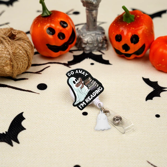 Alt view image 6 of 6 - Halloween Ghost Badge Reel Retractable with ID Clip Go Away Im Reading Acrylic Badge Holder for Holiday Nurses Nursing Students Teachers Office
