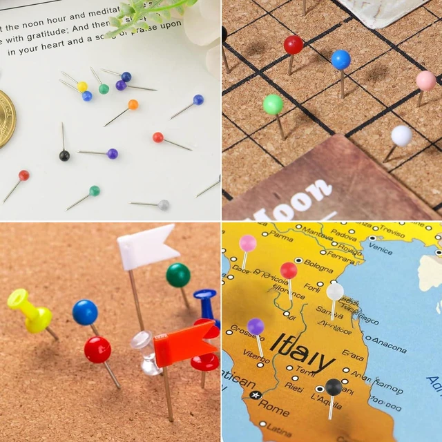 Alt view image 7 of 7 - Map Push Pins Small Push Pins Map Tacks Plastic Round Head Tacks with Steel Points Board Pins Colorful Push Pins Board Pins for Bulletin Board Travel Map Cork Board
