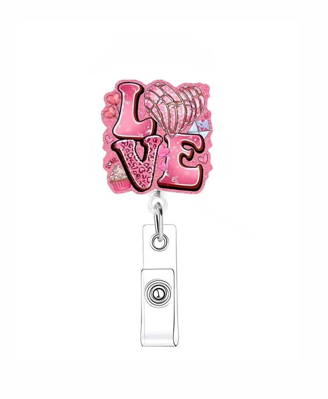 Main image of Valentines Cute Heart Badge Reel for Nurse Cake Holiday Retractable Alligator Clip Acrylic Badge Reel for Nurse Nursing Doctors Teacher Social Worker ID Card
