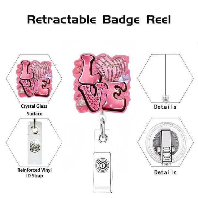 Alt view image 4 of 7 - Valentines Cute Heart Badge Reel for Nurse Cake Holiday Retractable Alligator Clip Acrylic Badge Reel for Nurse Nursing Doctors Teacher Social Worker ID Card
