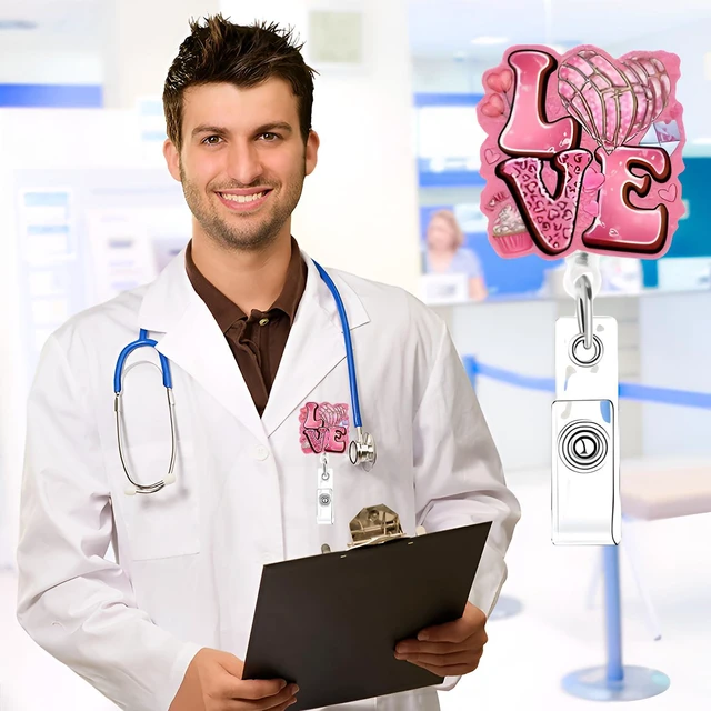 Alt view image 5 of 7 - Valentines Cute Heart Badge Reel for Nurse Cake Holiday Retractable Alligator Clip Acrylic Badge Reel for Nurse Nursing Doctors Teacher Social Worker ID Card