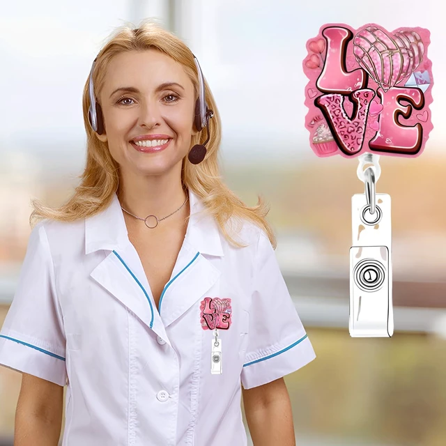 Alt view image 6 of 7 - Valentines Cute Heart Badge Reel for Nurse Cake Holiday Retractable Alligator Clip Acrylic Badge Reel for Nurse Nursing Doctors Teacher Social Worker ID Card