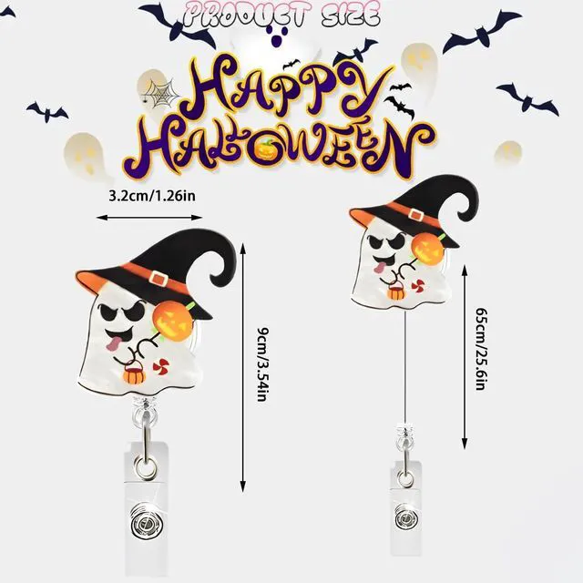 Alt view image 2 of 7 - Halloween Funny Ghost Badge Reel,Cute Shape Acrylic Badge for Id Card Badge,Telescoping Retractable Badge Holder Alligator Clip Accessories for Nurse,Medical Worker,Nursing Student,Teacher