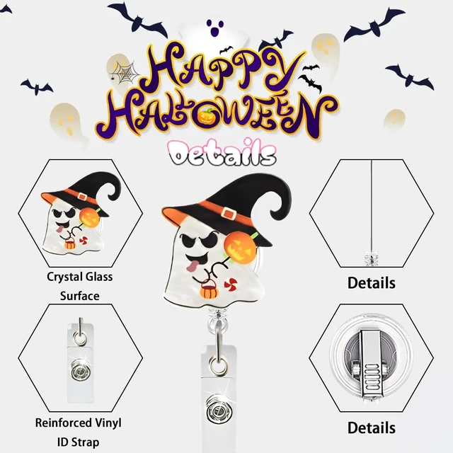 Alt view image 3 of 7 - Halloween Funny Ghost Badge Reel,Cute Shape Acrylic Badge for Id Card Badge,Telescoping Retractable Badge Holder Alligator Clip Accessories for Nurse,Medical Worker,Nursing Student,Teacher