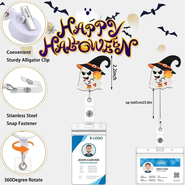 Alt view image 4 of 7 - Halloween Funny Ghost Badge Reel,Cute Shape Acrylic Badge for Id Card Badge,Telescoping Retractable Badge Holder Alligator Clip Accessories for Nurse,Medical Worker,Nursing Student,Teacher